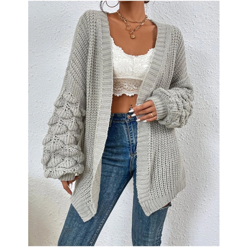 #18 Cozy Grey Open Front Pom Pom Sleeve Cardigan - Picture 2 of 5